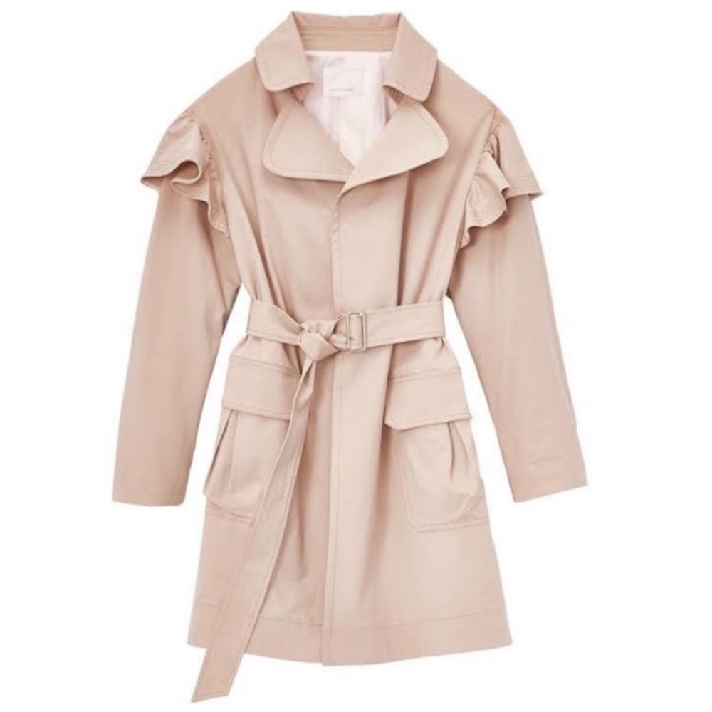 REBECCA TAYLOR Faille Trench Coat Ruffle Camel Neutral XS Jacket Party Preppy